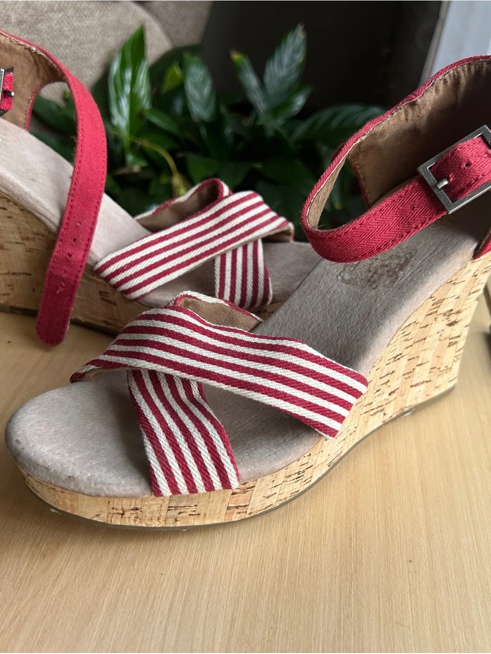 TOMS Red Striped Wedge Sandals with Ankle Strap